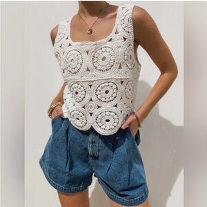 Free People Elegant White Crochet Sleeveless Top
